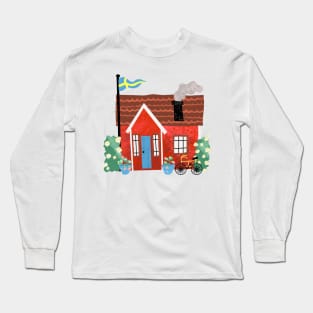 Swedish Summer Cottage with Flags - Midsommar Stuga - Pink Background Long Sleeve T-Shirt